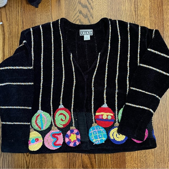 Beaeks Black Holiday Christmas Ornament Embroidered Cardigan Sweater Size Small - Picture 1 of 9